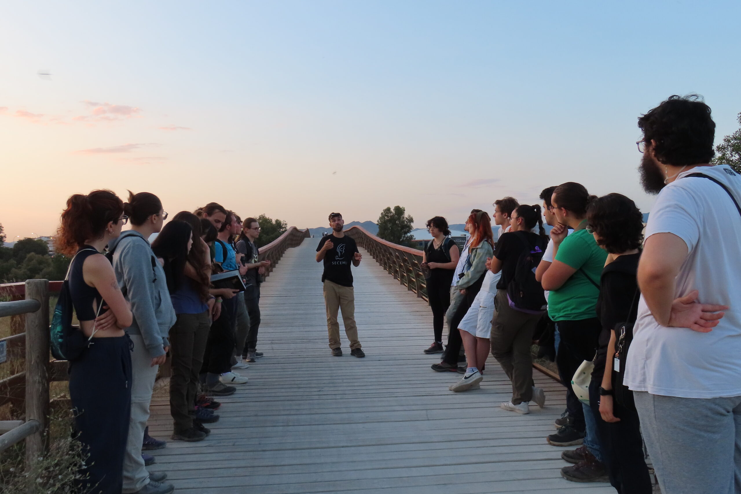 Actividad Bat Night con un grupo al atardecer en la pasarela del Guadalhorce.