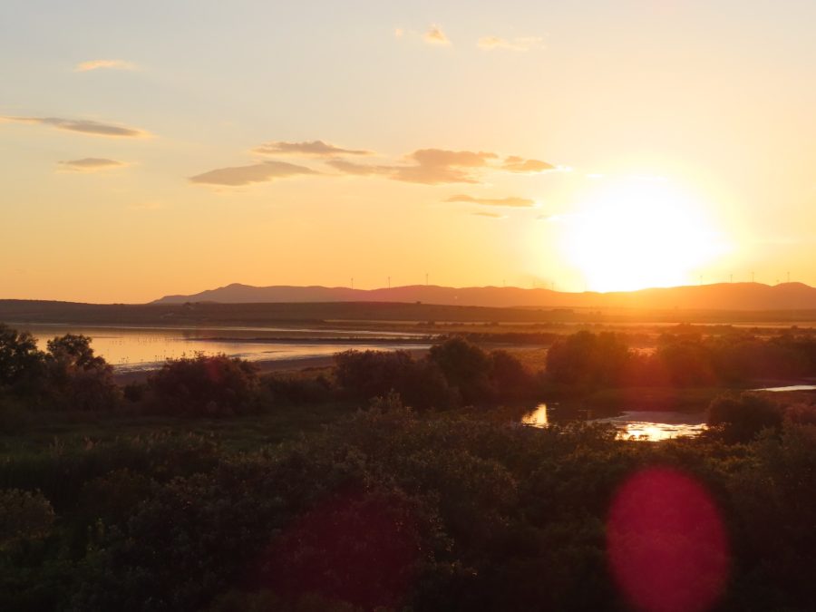Atardecer sobre la laguna de Fuente de Piedra, con el humedal y las sierras al fondo.